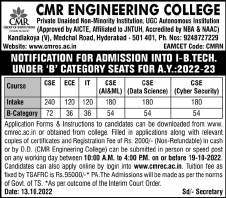 Category "B" Admissions 2022-23 | CMR Engineering College , Hyderabad ...